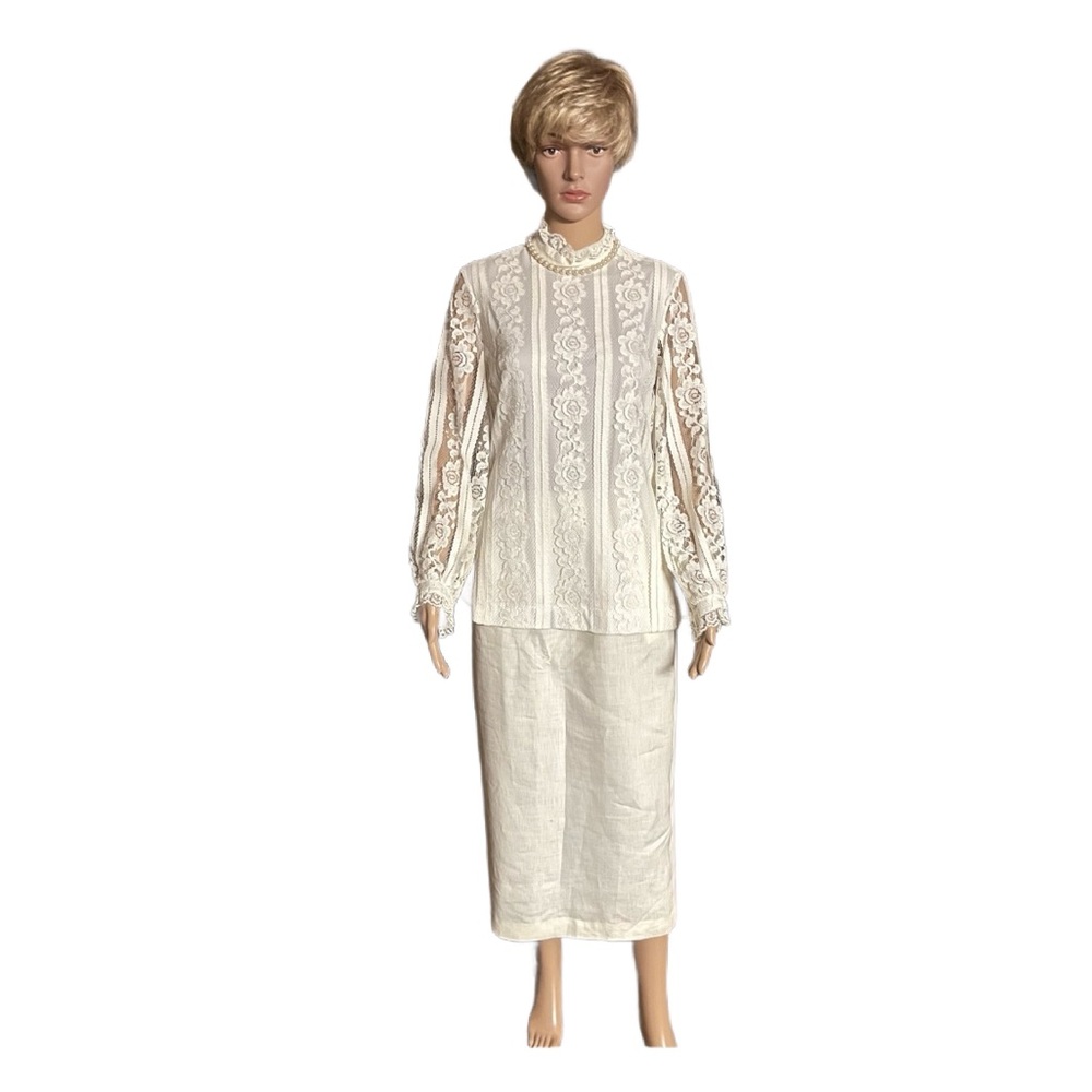 Alex Coleman California~ 1960’s Size 12 Ivory Victorian White Floral Lace Blouse